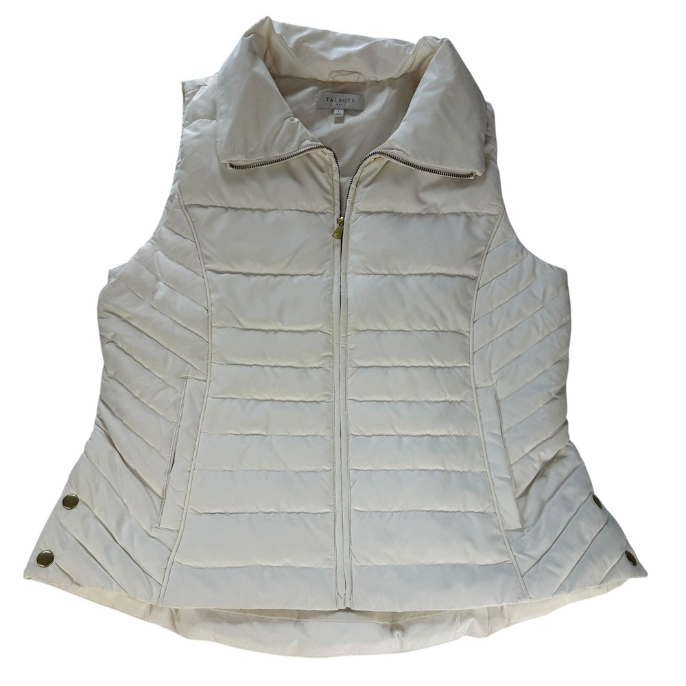 Talbots Womens Ivory Quilted Down Puffer Vest Gold Hardware Cream Large